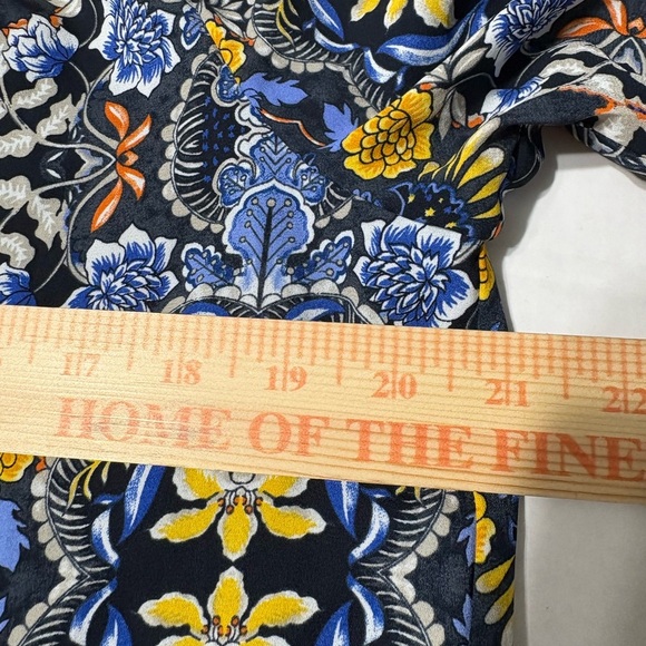 LOFT Long Sleeve Ruffled Drop Wsist Shift Dress. Navy with Yellow Floral Print - Picture 9 of 14